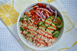 a quinoa tuna bowl on the table