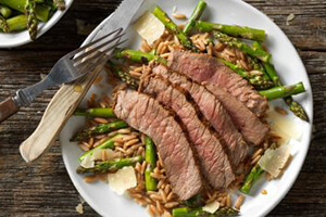 grilled top round steak with parmesan asparagus on a plate